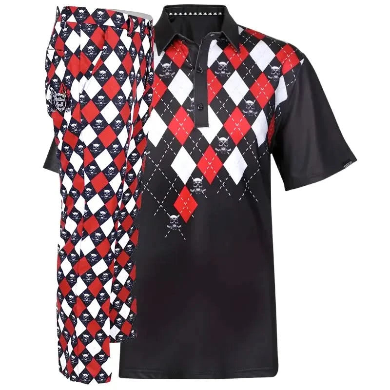 Black, red, and white argyle patterned shirt and argyle pants