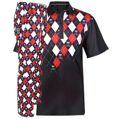 Black, red, and white argyle patterned shirt and argyle pants
