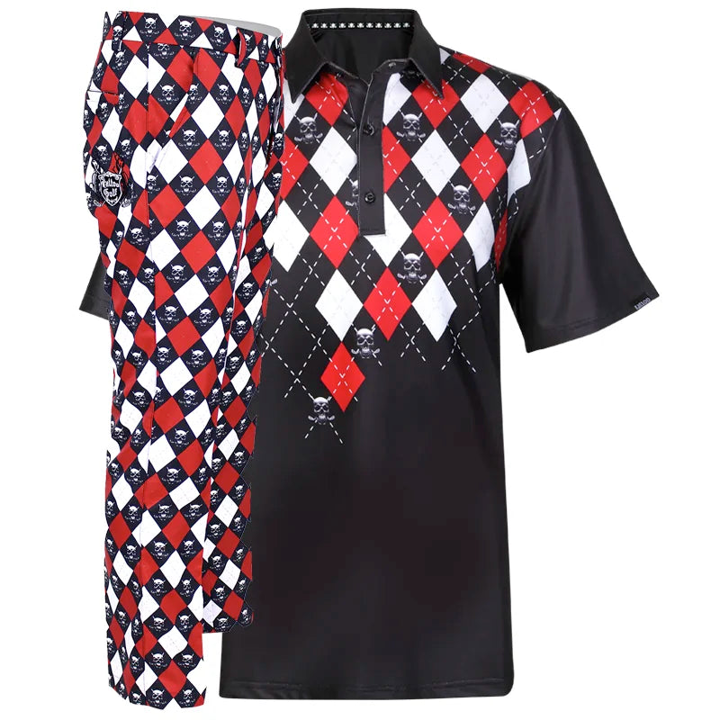 Black, red, and white argyle patterned shirt and argyle pants