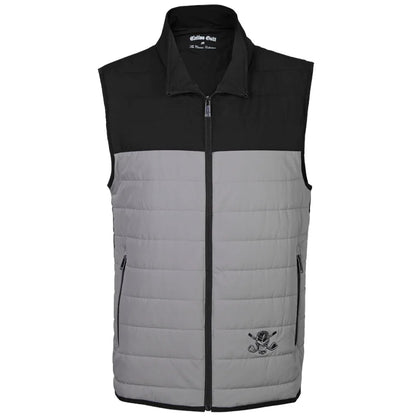 Men's Golf Vest in grey and black with a full zip front and embroidered skull design on the chest.