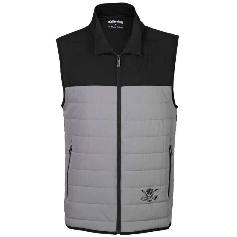 Men's Golf Vest in grey and black with a full zip front and embroidered skull design on the chest.