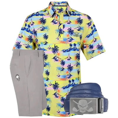 Colorful tropical golf shirt with gray shorts and blue belt 