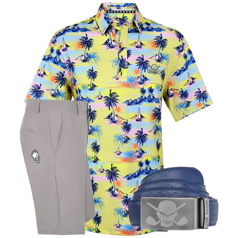Colorful tropical golf shirt with gray shorts and blue belt 