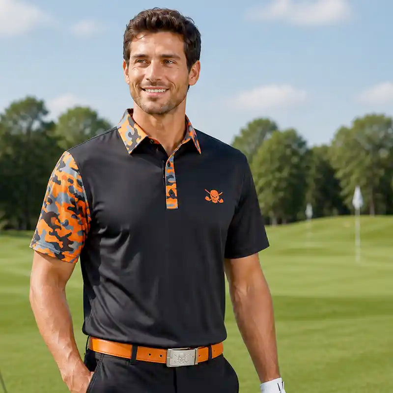 Man wearing a black polo shirt with colorful sleeves on a golf course