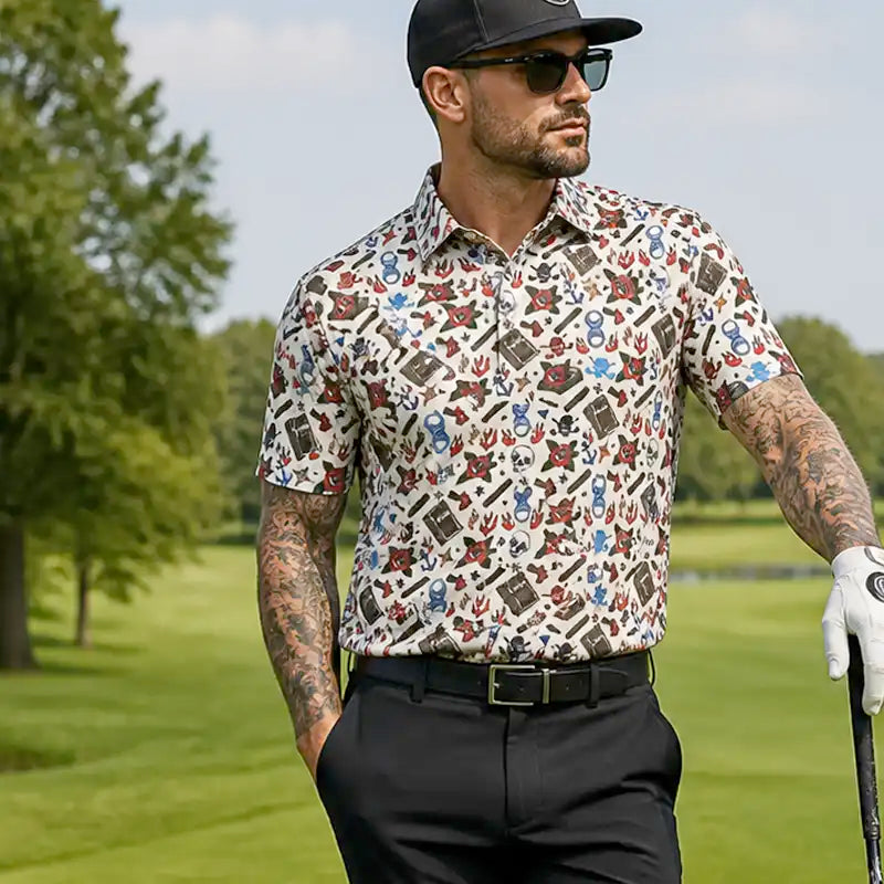 Man in a patterned shirt and sunglasses on a golf course