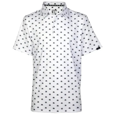 Micro Skull Cool-Stretch Men's Golf Shirt in White with skull and crossed clubs pattern.