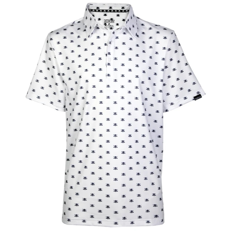 white golf shirt with black skull design