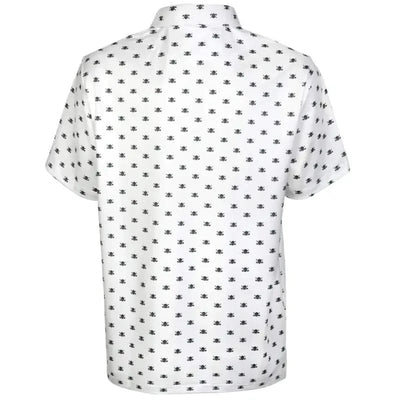 Back view of the Micro Skull Cool-Stretch Men's Golf Shirt featuring a subtle skull pattern in white.
