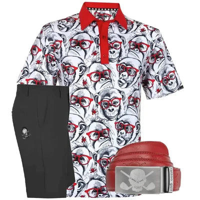 Golf Shirt with monkey print, black shorts, and red belt with skull design 