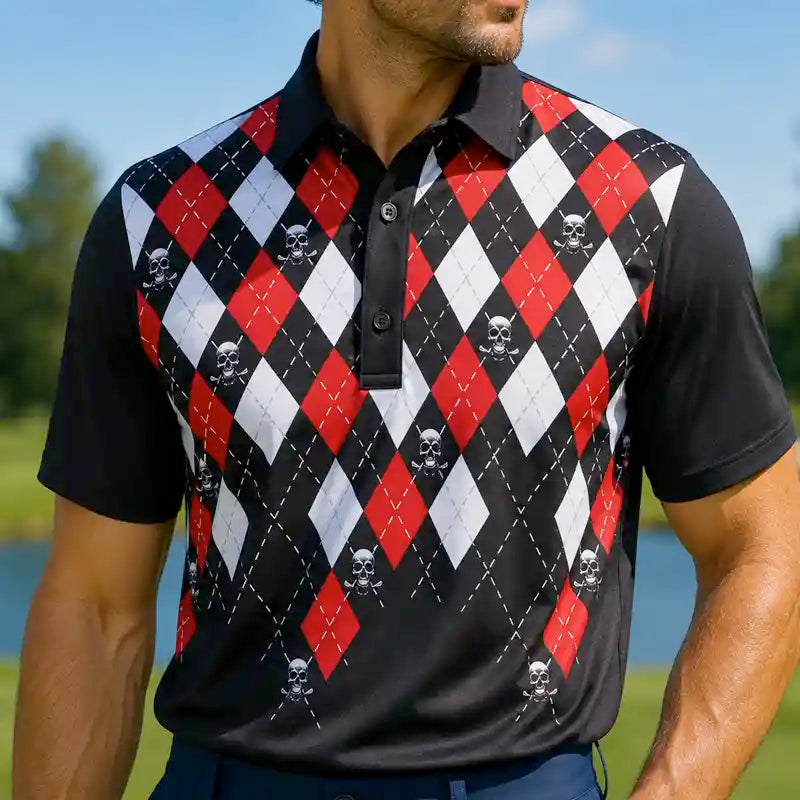golfer wearing a black, red, and white argyle patterned polo shirt with skull designs