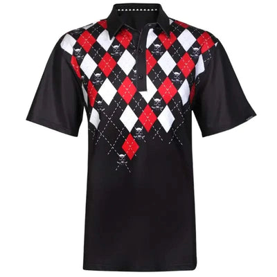 A black men's golf shirt with a checkered argyle pattern in red and white, featuring skull and club designs on the front and back.