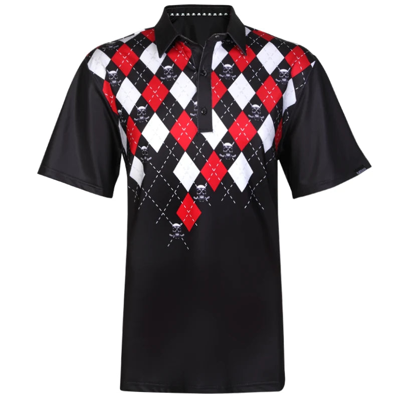 A black men's golf shirt with a checkered argyle pattern in red and white, featuring skull and club designs on the front and back.