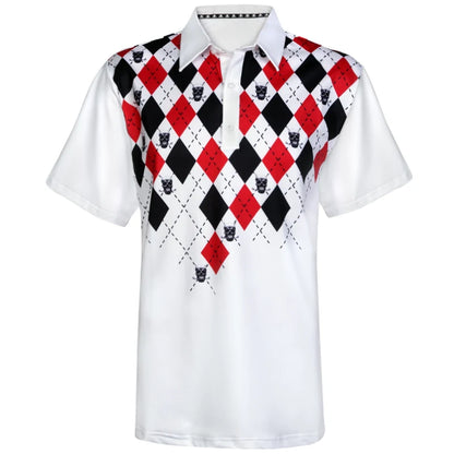 A men's white golf shirt with a black, red, and white checkered argyle pattern and skull designs on the front and back.