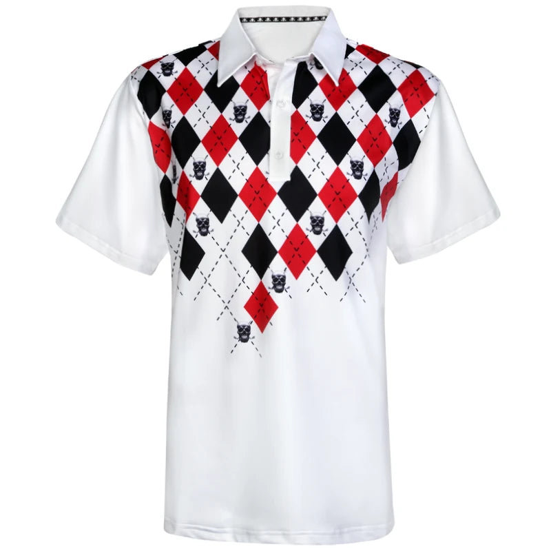 A men's white golf shirt with a black, red, and white checkered argyle pattern and skull designs on the front and back.