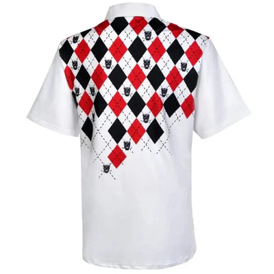 Back view of the Monster Cool-Stretch Golf Shirt showcasing bold red and black argyle pattern with iconic skull design.
