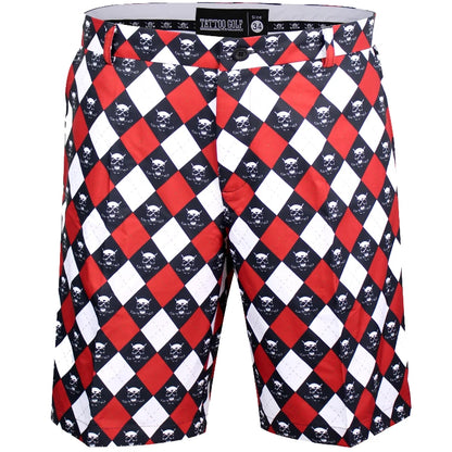 A pair of men's golf shorts with a red, black, and white checkered pattern and skull designs. The shorts have a tailored fit with a self-fabric waistband featuring a skull design.