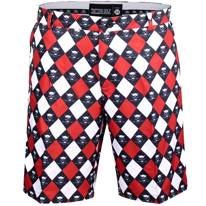 A pair of men's golf shorts with a red, black, and white checkered pattern and skull designs. The shorts have a tailored fit with a self-fabric waistband featuring a skull design.