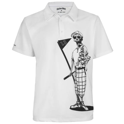 A white polo shirt with a graphic of a skeleton golfer on it, featuring a black and checkered patterned hat and a flag.
