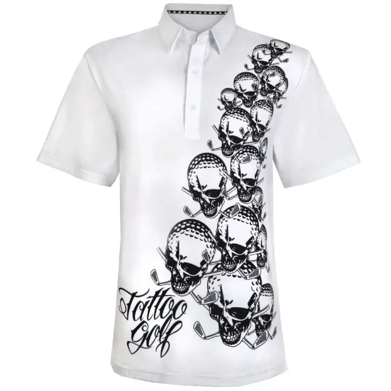 Tattoo Golf OB Performance golf polo in white, showing a cascading skull motif and Tattoo Golf lettering.