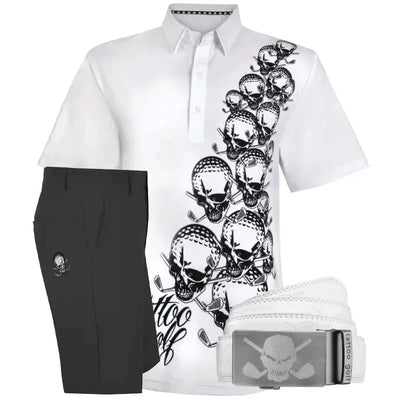 White polo shirt, black pants, and white belt with skull buckle