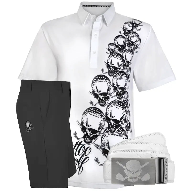 White polo shirt, black pants, and white belt with skull buckle