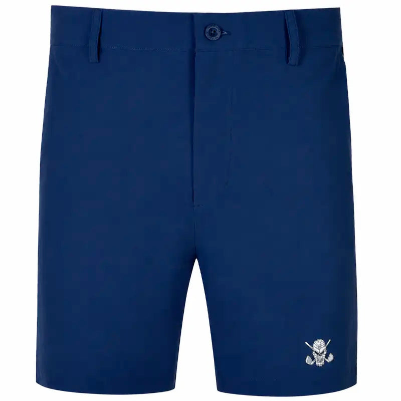 Navy blue shorts with a small white logo on a white background