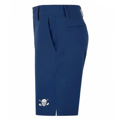 Navy blue golf shorts for men with a small white rubber skull design