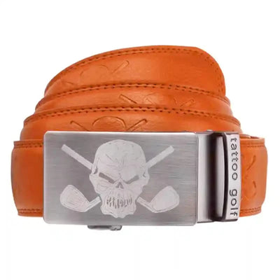 Orange leather golf belt with a silver skull and golf club buckle 