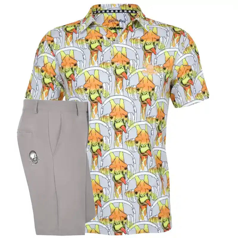 Colorful patterned golf shirt with gray shorts