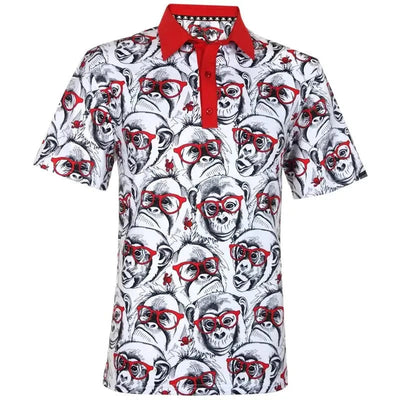 Short-sleeve golf shirt with monkey pattern and red accents