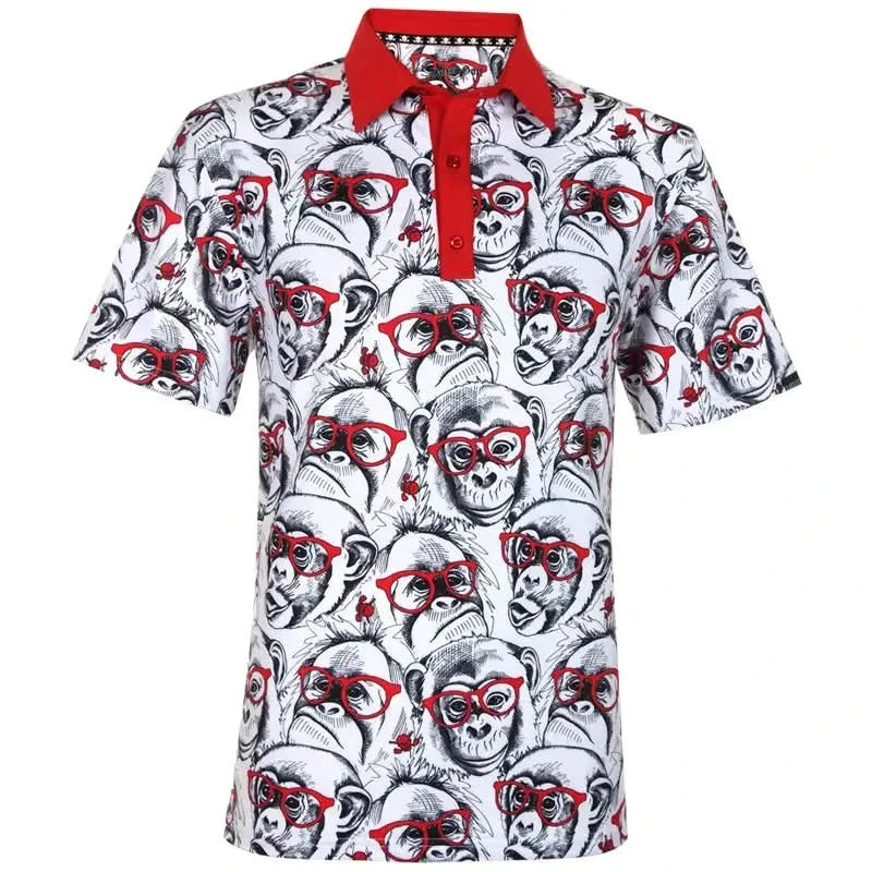 Short-sleeve golf shirt with monkey pattern and red accents