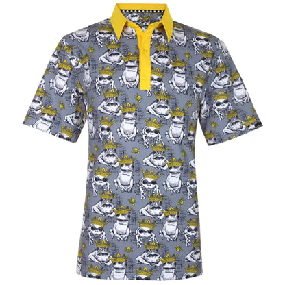 Short-sleeve shirt with frog pattern and yellow collar