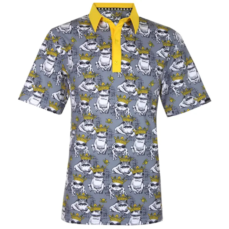 Short-sleeve shirt with frog pattern and yellow collar