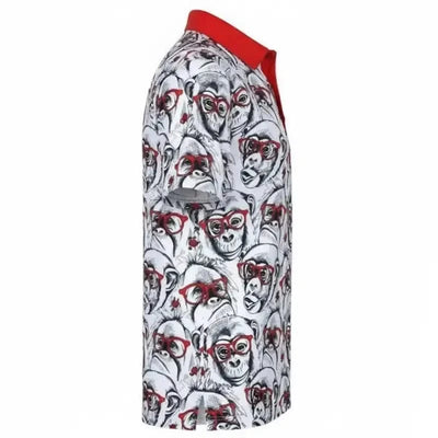 gold shirt with monkey pattern and red accents