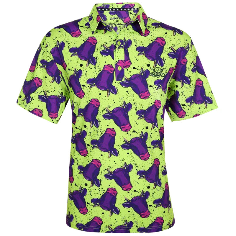Men's golf shirt with a yellow and purple cow pattern on it