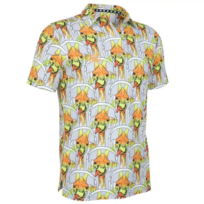 Short-sleeve shirt with a colorful pattern on a white background