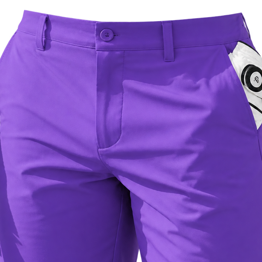 Tighter crop of the waistband and front fly of purple golf shorts, with a white glove at the pocket edge.