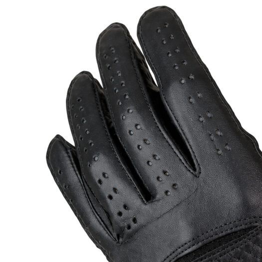 Close-up of perforations along a black glove's fingers.