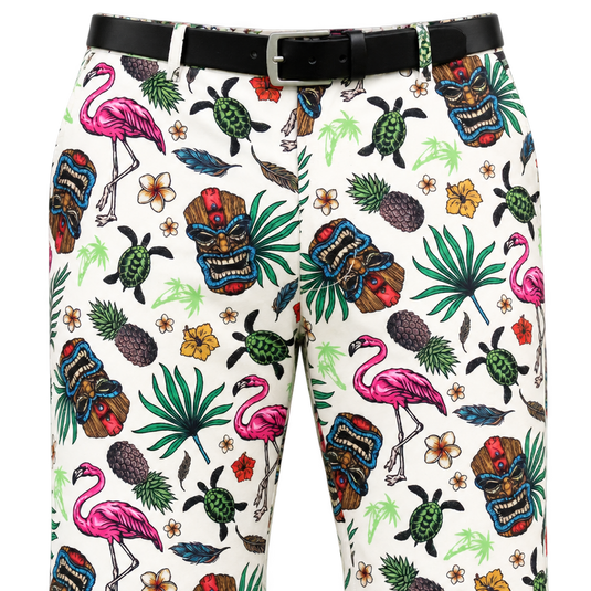 Close-up of a black belt at the waist of Tiki golf shorts, showing colorful tiki masks, flamingos and turtles.