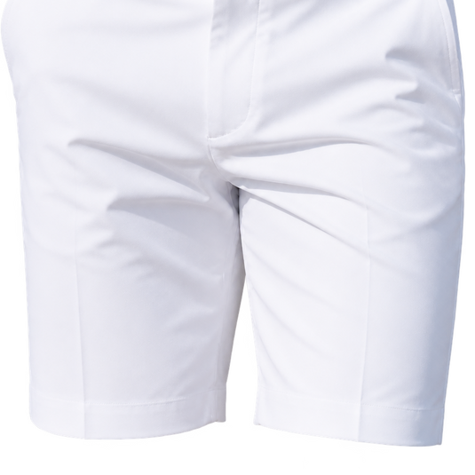 Close-up of the lower front of white golf shorts, showing the fabric and stitched hems.