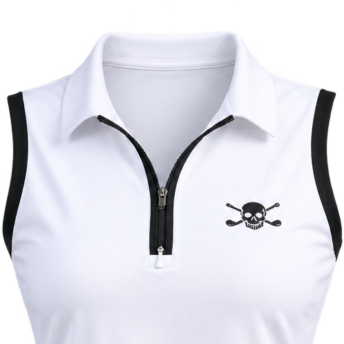 Close-up of a white sleeveless polo's collar, black zipper and skull chest logo.