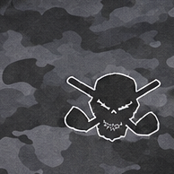 Close-up of a black skull-and-crossed-clubs chest logo outlined in white on dark grey camouflage fabric.