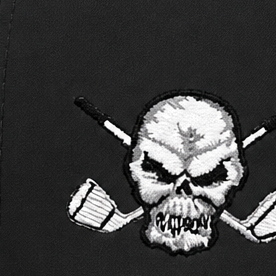 Close-up of a white embroidered skull-and-crossed-clubs logo on black cap fabric.