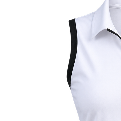 Detail of the black armhole edging on a white sleeveless polo.