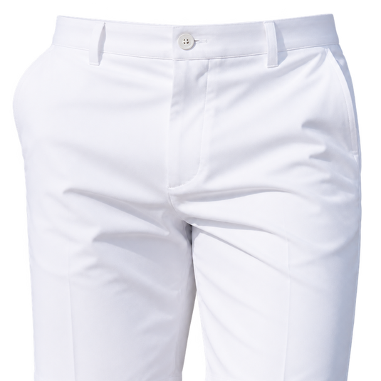 Angled close-up of the waist and front pockets of white golf shorts.
