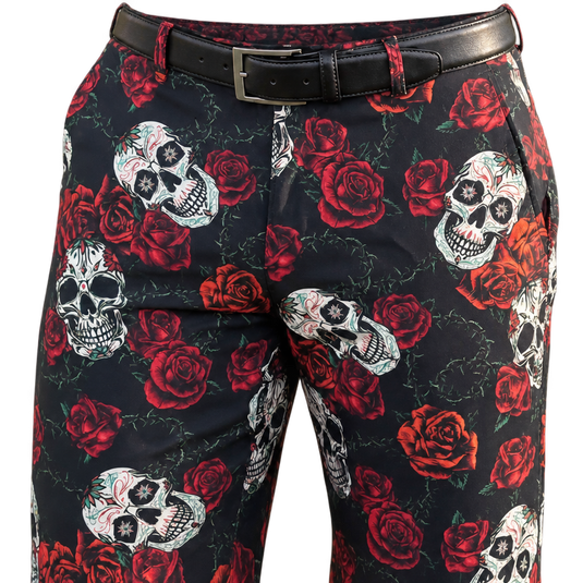 Close-up of the black belt, waistband and front pockets on sugar-skull and red-rose golf shorts.
