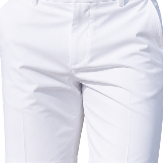 Detail of the front fly seam and adjacent fabric folds on white golf shorts.