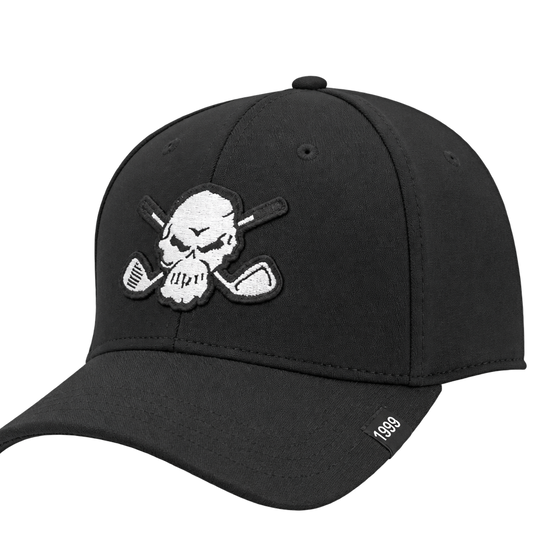 Angled front view of a black skull-patch cap.