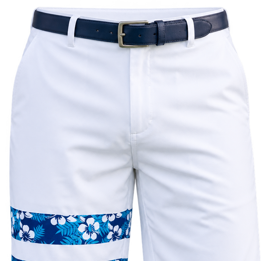 Close-up of the navy belt, waistband and front of white golf shorts with blue floral leg bands.