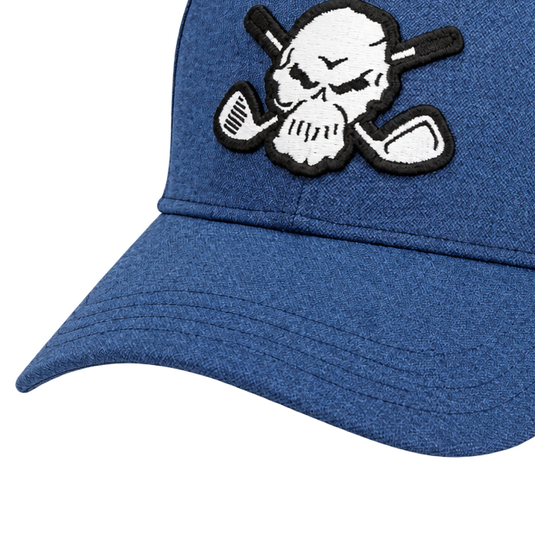 Detail of a blue cap's skull patch and stitched brim.